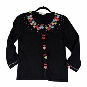 Black Top Valentines Day ‎ Hearts Sequin Cardigan Sweater Vintage Y2K Eclectic